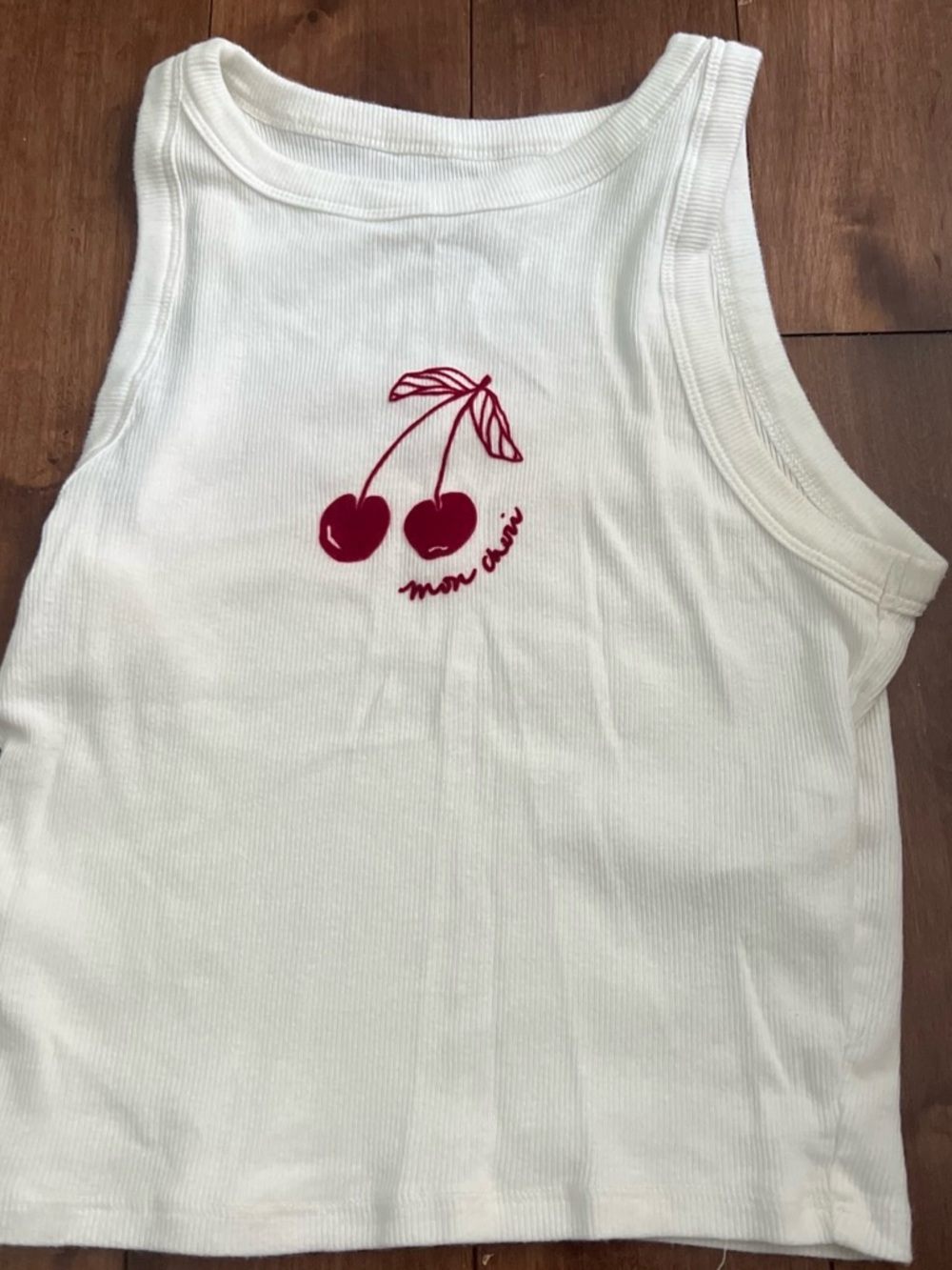 Hollister White Ribbed Tank with Red Cherry Graphic